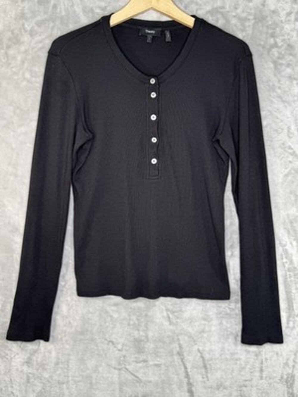 Theory Top Womens Large Black Henley Compact Rib Cotton Modal Knit Long Sleeve